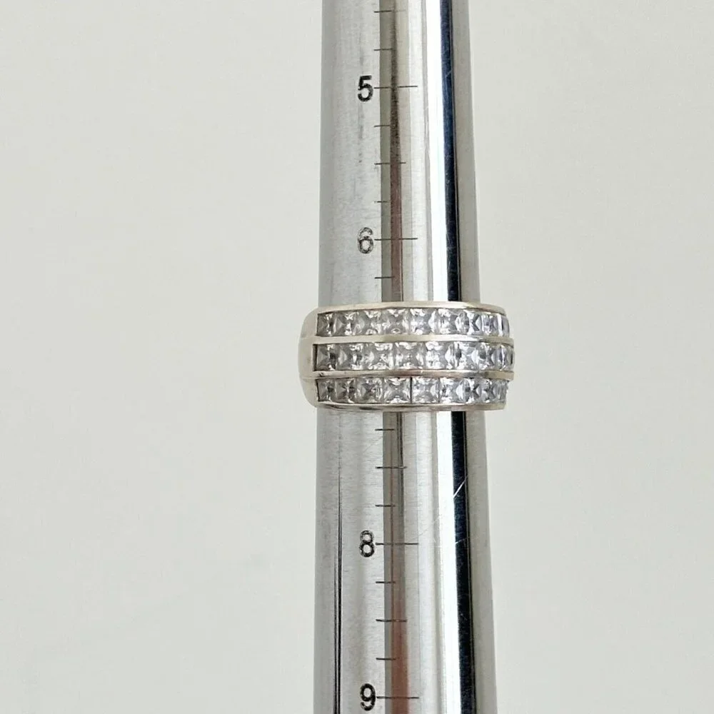 14K White Gold Three Row Clear CZ Wide Chunky Statement Band Ring Size 6.75